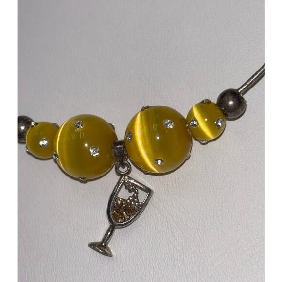 Sterling Silver Omega Chain Yellow Bead Wine Glass Charm Necklace 16" #64325 - Picture 3 of 6